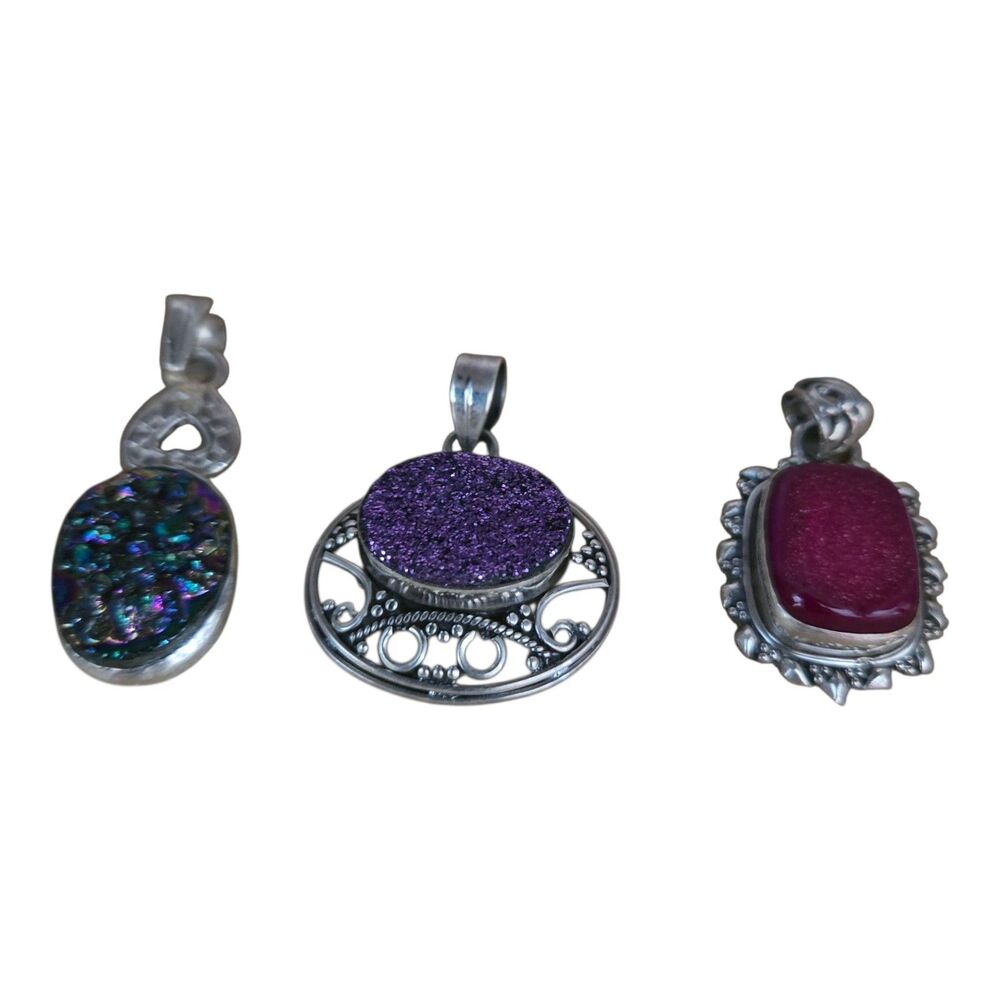 Druzy Pendants Sterling Silver Red Purple Lot of 3 Sparkly Fashion Jewelry